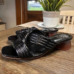 Vince Camuto Lomala Jet Black Knotted Leather‎ Block Heel Slip On Sandals 8.5